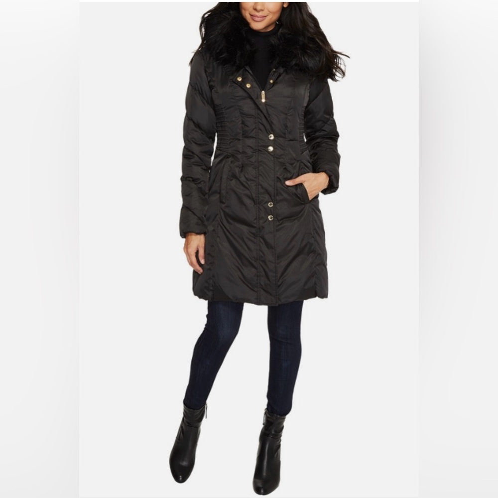 Via Spiga Women's Black Waterproof Faux Fur Coat sz Meidum Gold Hardware